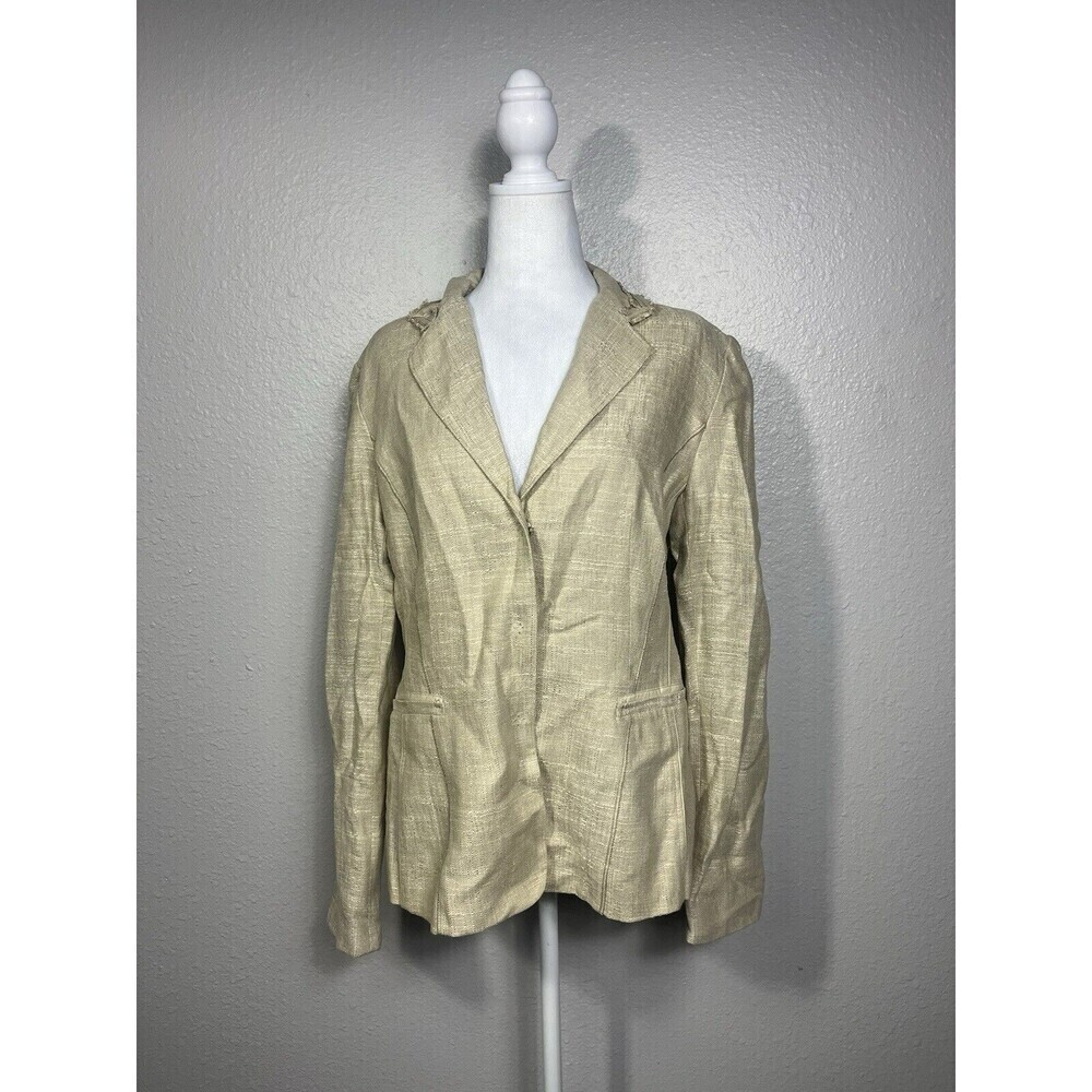 Tahari Women’s Tan Gold Metallic Three Button Hidden Blazer US Size‎ 12 A9